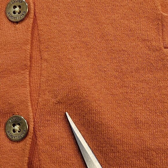 Lauren Ralph Lauren Cardigan Womens L Orange Buttons LS Boho Preppy Mature FLAW - Picture 12 of 13